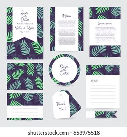 Vector gentle wedding cards template with flower design. Wedding invitation or save the date, RSVP, menu and thank you card for bridal design. Vector set of postcard with floral decoration.