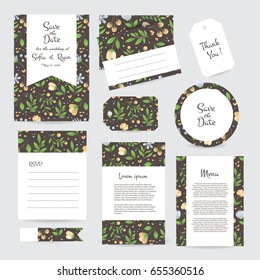 Vector gentle wedding cards template with flower design. Wedding invitation or save the date, RSVP, menu and thank you card for bridal design. Vector set of postcard with floral decoration.