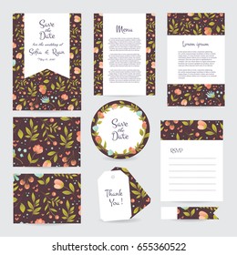 Vector gentle wedding cards template with flower design. Wedding invitation or save the date, RSVP, menu and thank you card for bridal design. Vector set of postcard with floral decoration.