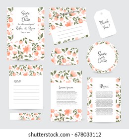 Vector gentle wedding cards template with flower design. invitation or save the date, RSVP, menu and thank you card for bridal design. Vector set of postcard with floral decoration.