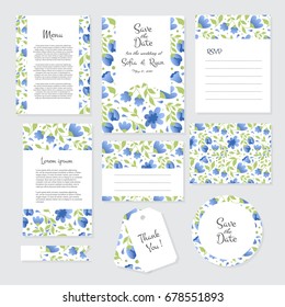 Vector gentle wedding cards template with flower design. invitation or save the date, RSVP, menu and thank you card for bridal design. Vector set of postcard with floral decoration.