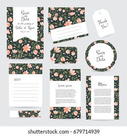 Vector gentle wedding cards template with flower design. invitation or save the date, RSVP, menu and thank you card for bridal design. Vector set of postcard with floral decoration.