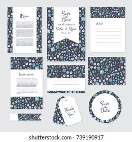 Vector gentle wedding cards template with flower design. invitation or save the date, RSVP, menu and thank you card for bridal design. Vector set of postcard with floral decoration.
