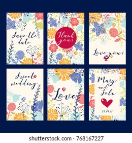 Vector gentle wedding cards template with flower design.Vector set of postcard with floral decoration.