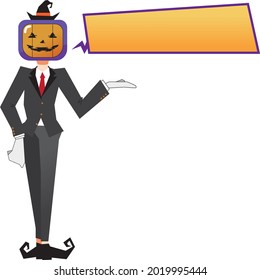 Vector of a gentleman with a jack-o'-lantern head on a monitor