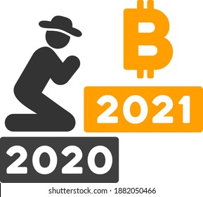Caballero vectorial rezando la imagen de bitcoin 2021. Ilustración aislada sobre un fondo blanco.