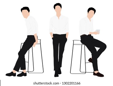 Vector of gentleman in sitting and standing pose wearing casual clothes under the white background. Cartoon realistic people illustration.Flat young man set. 