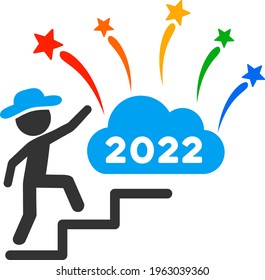 Vector gentleman steps to 2022 fireworks illustration. An isolated illustration on a white background.
