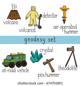 Vector geodesy set for children. Cartoon style vector illustration of volcano, volcanist, air-operated hummer, off-road vehicle, crystal, pick hummer, theodolite isolated on white background
