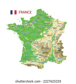 Mapa geográfico vectorial de Francia. Altos atlas de Francia con montañas, cordilleras y mesetas, llanuras, lagos y ríos. Mapa físico de Francia con las principales ciudades y provincias