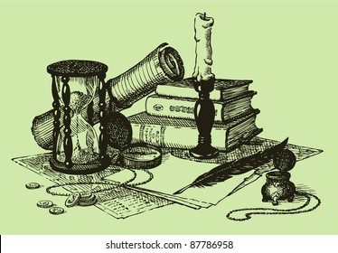 Vector geographic still life: map  compass  hourglass  books  candle in candlestick   pen and ink