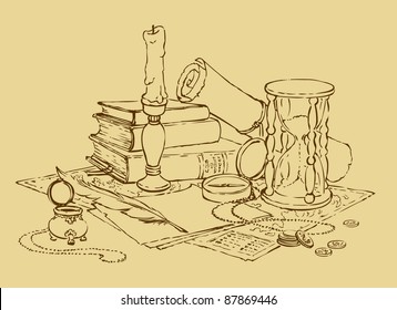 Vector geographic still life: map, compass, hourglass, books, a candle in a candlestick and a pen with ink
