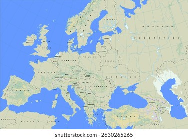 Vector geographical world map. Eastern Europe region with
sweden, united kingdom, irish republic, poland,
ukraine, belarus, france, germany, switzerland, spain,
italy, romania, hungary, turkey, russia