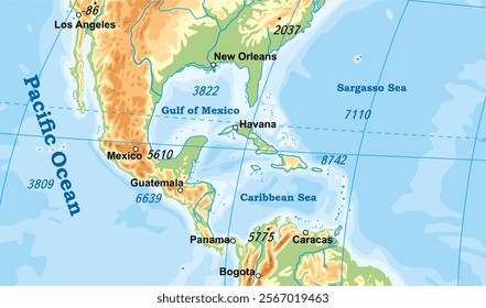 Vector geographical world map. Fragment of American continent with 
peninsula California, Florida, Gulf of Mexico,
Cuba, Haiti, Bermuda, Panama Canal, Sargasso Sea,
Antilles. Central America terrain.