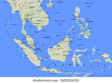 Mapa do mundo geográfico vetorial. região do sudeste asiático com filipinas, indonésia, vietname, tailândia, laos, cingapura, camboja, sumatra, malásia, brunei, mar das filipinas, mar da china meridional, bornéu.