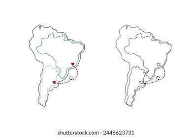 Ilustración de geografía de Vector aislado sobre fondo blanco, mapa del mundo lineal con dos corazones rojos conectados por una línea discontinua, color e ilustración en blanco y negro