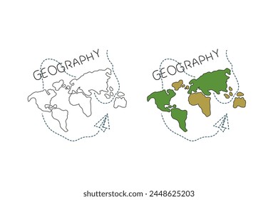 Vector geography illustration isolated on white background, linear world map with paper plane with a dashed line, color and black and white illustration