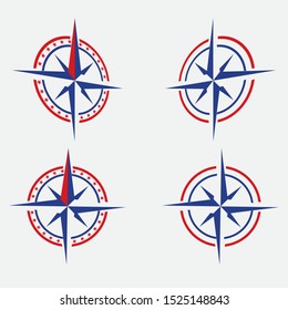 Vector geography science compass sign icon. Compass wind-rose illustration red and blue in flat minimalism style.
