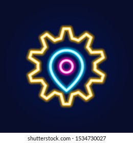 Vector geolocation pin in gear neon icon. Elements of business. Simple logo for websites, web design, mobile app, info graphics.