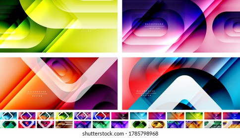 Vector geometric abstract backgrounds with lines and modern forms. Fluid gradients with abstract round shapes and shadow and light effects