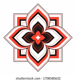 Flor abstracta geométrica vectorial. Planta ornamental aislada en fondo blanco. Ornamento floral simétrico. Rojo con cuadrado negro, mandala circular. Pétalos de línea con puntos. Ilustración de símbolo étnico