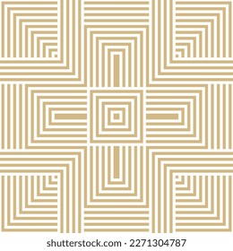 Vector geometric abstract seamless pattern. Golden ornament texture with lines, stripes, squares, rectangles. Stylish modern geometry. Simple gold luxury geometric background. Trendy repeat geo design