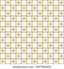 Vector geometric abstract seamless pattern. Elegant golden background in funky groovy style. Trendy retro style ornament. Simple texture with flower silhouettes, stars, curved shapes, grid, lattice