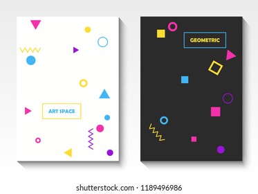 Vector geometric abstract shapes postcards, set of memphis pattern templates, retro design placards