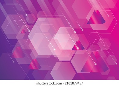 Vector Geometric Abstract Technology Digital Hi Tech Concept Background. Hexagon And 3D Rectangle Prism In Magenta And Purple Colors. Modern Creative Design For Printing Or For Web Uses.