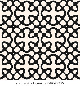 Vector geometric abstract texture. Black and white seamless pattern with curved lines, grid, lattice, floral silhouettes, organic shapes. Simple monochrome ornamental background. Repeated geo design