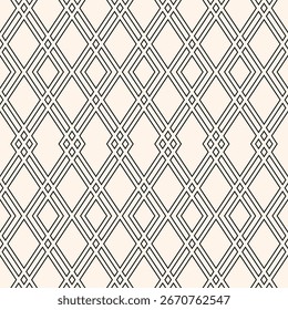 Textura abstrata geométrica do vetor. Padrão linear moderno sem emenda. Fundo elegante preto e branco simples com grade de contorno, malha, retículo, diamantes, losangos, linhas finas. Design mínimo repetido