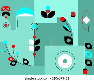 Vector geometric abstraction on green background with twigs