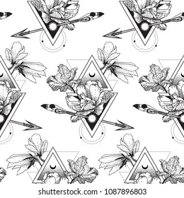 Vector geometric alchemy pattern with flowers, moon, sun triangle. Abstract composition with occult and mystic sign. Linear spiritual design. Concept illustration of magic, science, astrology, space
