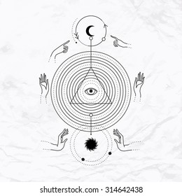 Vector geometric alchemy symbol with circles, eye, moon, sun, hands, triangle shape. Abstract occult and mystic signs. Linear logo and spiritual design. Concept of magic, astrology, wisdom, kabbalah