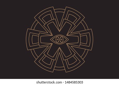 Vector geometric alchemy symbol with eye, sun. Abstract occult and mystic signs. Linear logo and spiritual design. Concept of imagination, magic, creativity, religion, astrology.