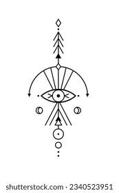 Vector geometric alchemy symbol with eye, moon, shapes. Abstract occult and mystic signs. Linear logo and spiritual design. Concept of imagination, magic, creativity, religion, astrology
