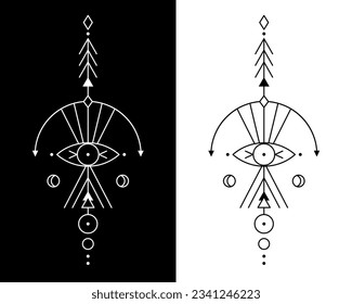 Vector geometric alchemy symbol with eye, moon, shapes. Abstract occult and mystic signs. Linear logo and spiritual design. Concept of imagination, magic, creativity, religion, astrology. Black and