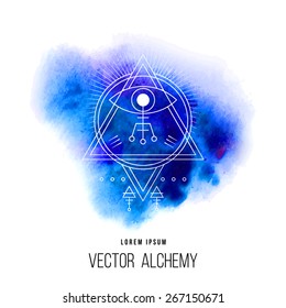 Vector geometric alchemy symbol with eye, sun, shapes and abstract occult and mystic signs. Linear logo and spiritual design. Concept of imagination, magic, creativity, religion, astrology, masonry