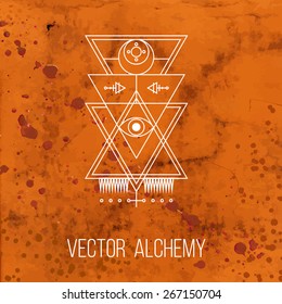 Vector geometric alchemy symbol with eye, sun, moon, shapes and abstract occult and mystic signs. Linear logo and spiritual design. Concept of imagination, magic, creativity, religion, masonry