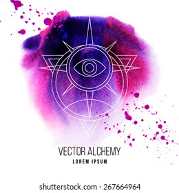 Vector geometric alchemy symbol with eye, sun, star, shapes and abstract occult and mystic signs. Linear logo and spiritual design. Concept of imagination, magic, creativity, religion, astrology