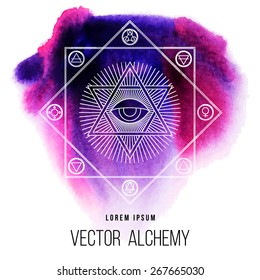 Vector geometric alchemy symbol with eye, sun, David star, shapes and abstract occult and mystic signs. Linear logo and spiritual design. Concept of magic, creativity, religion, astrology, masonry