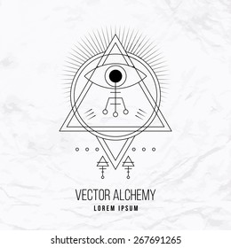 Vector geometric alchemy symbol with eye, sun, shapes and abstract occult and mystic signs. Linear logo and spiritual design. Concept of imagination, magic, creativity, religion, astrology, masonry