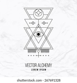 Vector geometric alchemy symbol with eye, moon, shapes and abstract occult and mystic signs. Linear logo and spiritual design. Concept of imagination, magic, creativity, religion, astrology, masonry