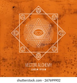 Vector geometric alchemy symbol with eye, sun, shapes and abstract occult and mystic signs. Linear logo and spiritual design. Concept of imagination, magic, masonry, religion, astrology, creativity