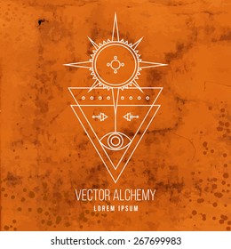 Vector geometric alchemy symbol with eye, sun, star, triangle shapes and abstract occult and mystic signs on ancient parchment background. Linear logo and spiritual design. 