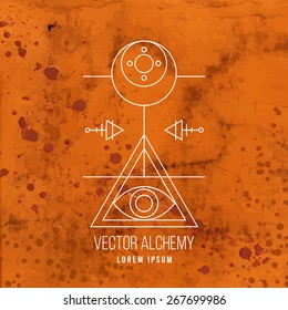 Vector geometric alchemy symbol with eye, moon, shapes and abstract occult and mystic signs. Linear logo and spiritual design. Concept of imagination, magic, creativity, religion, astrology