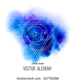 Vector geometric alchemy symbol with eye, sun, moon, shapes and abstract occult and mystic signs. Linear logo and spiritual design. Concept of imagination, magic, creativity, astrology, femininity