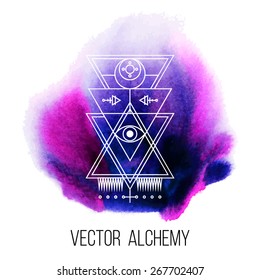 Vector geometric alchemy symbol with eye,  moon, shapes and abstract occult and mystic signs on water color background. Linear logo and spiritual design. Concept of imagination, magic, religion