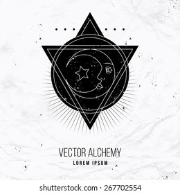 Vector geometric alchemy symbol with eye, moon, shapes. Abstract occult and mystic signs. Linear logo and spiritual design. Concept of imagination, magic, creativity, religion, astrology