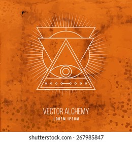 Vector geometric alchemy symbol with eye, sun, shapes and abstract occult and mystic signs. Linear logo and spiritual design. Concept of imagination, magic, creativity, religion, astrology, masonry